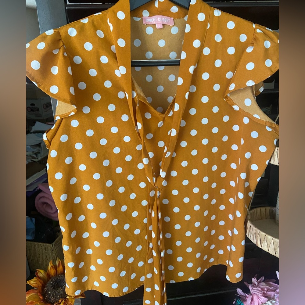 Sweet Closet Polka Dot Burnt Orange Sleeveless Ruffled Tie Front Blouse